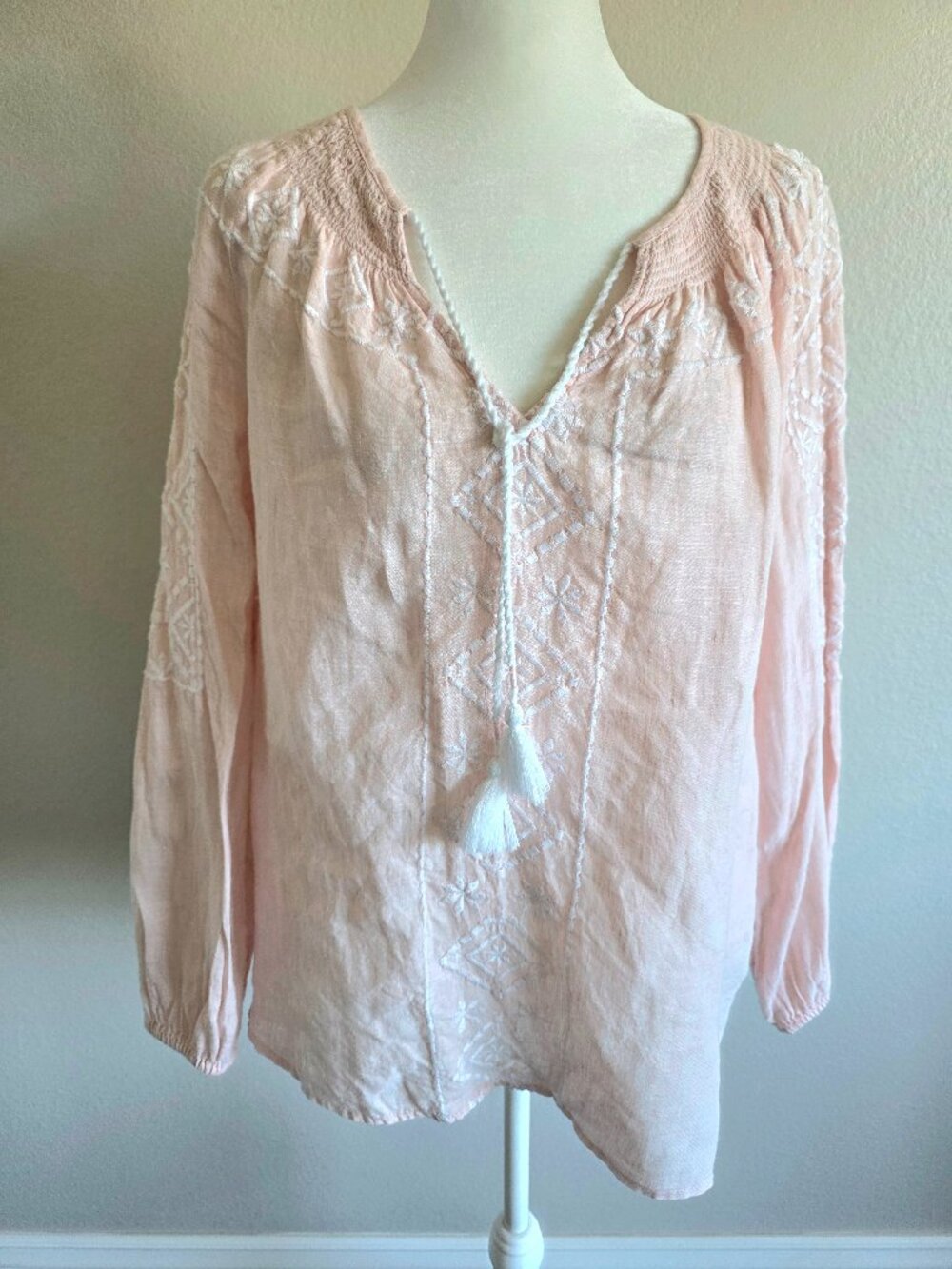 Joie Blouse Pink 100% Linen Embroidered Peasant Tassel Boho Smocked Top Size L